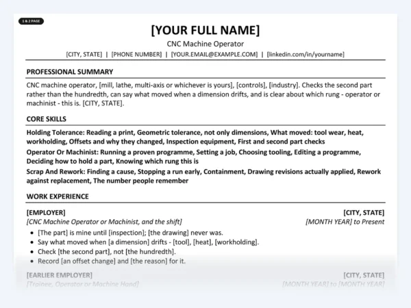 CNC Machine Operator resume template, one page, ATS-friendly layout