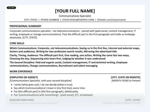 Communications Specialist resume template, one page, ATS-friendly layout