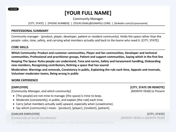 Community Manager resume template, one page, ATS-friendly layout