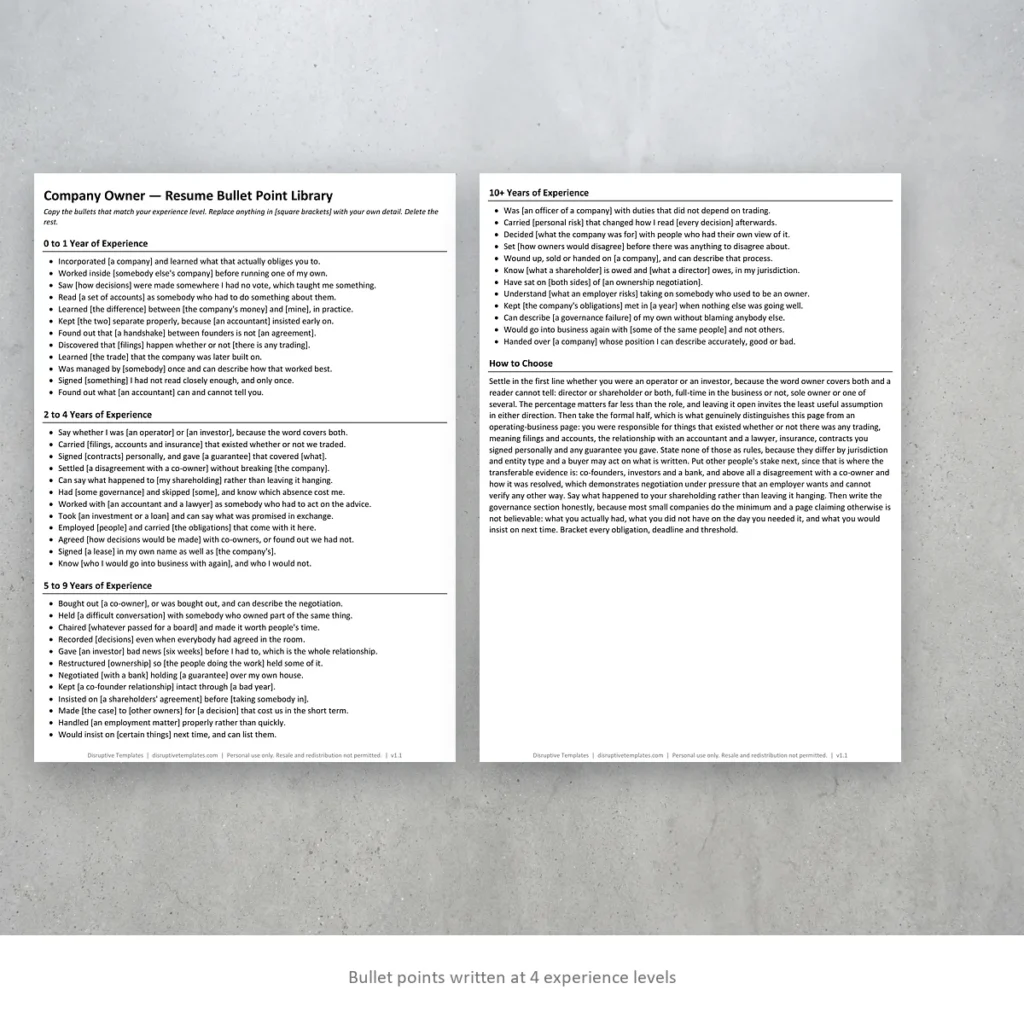 Company Owner resume bullet points written at four experience levels