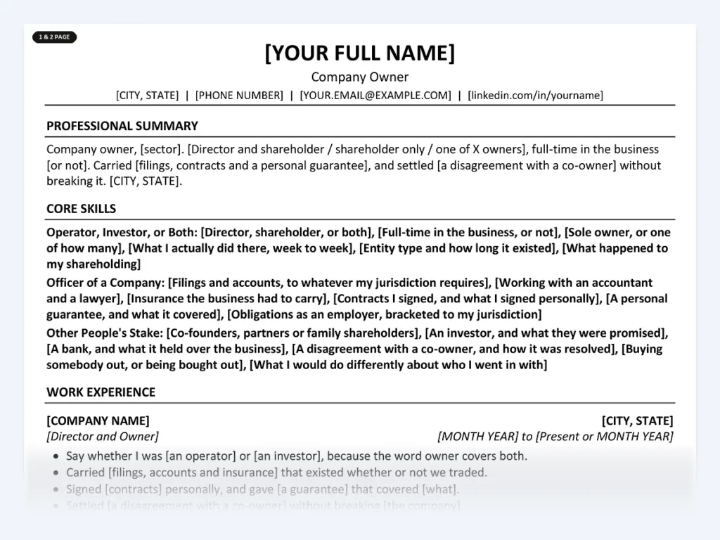 Company Owner resume template, one page, ATS-friendly layout
