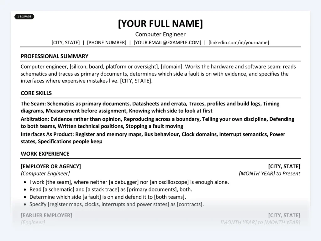 Computer Engineer resume template, one page, ATS-friendly layout