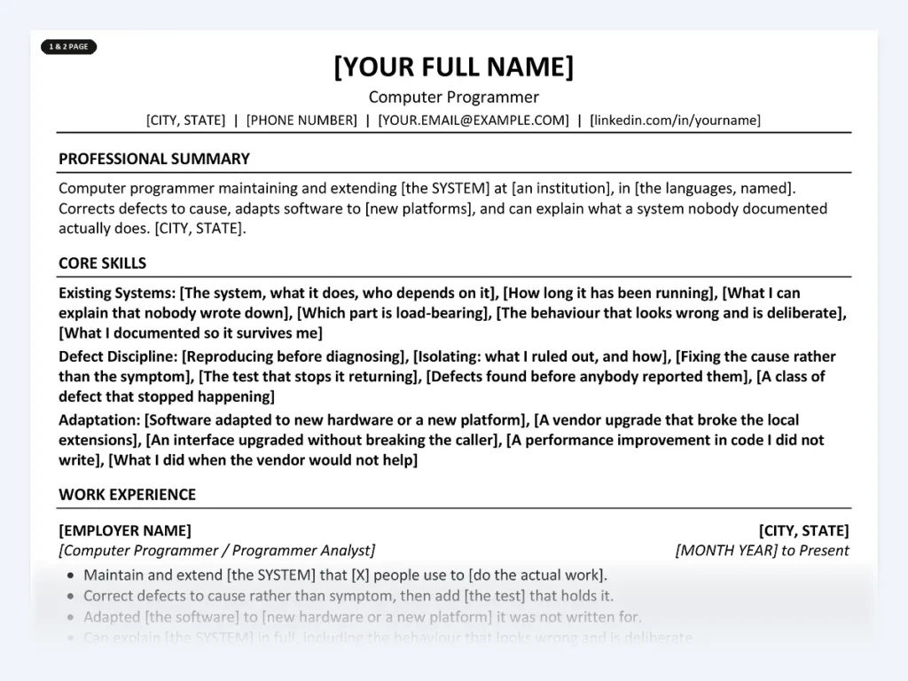 Computer Programmer resume template, one page, ATS-friendly layout