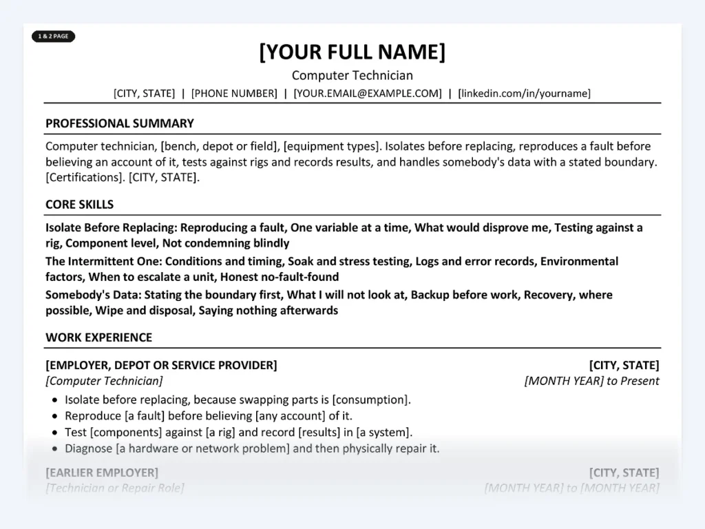 Computer Technician resume template, one page, ATS-friendly layout