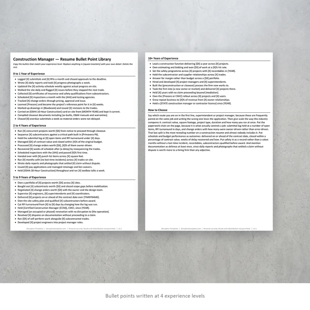 Construction Manager resume bullet points written at four experience levels