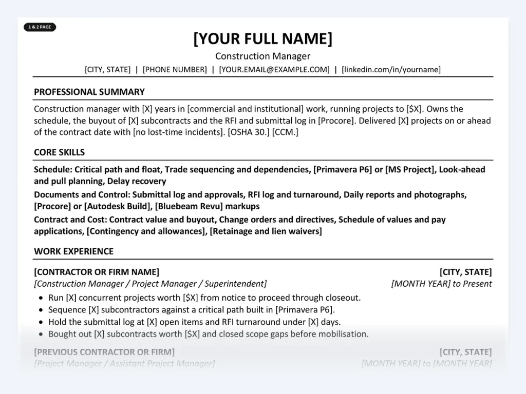 Construction Manager resume template, one page, ATS-friendly layout