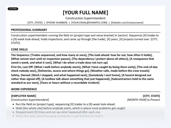 Construction Superintendent resume template, one page, ATS-friendly layout