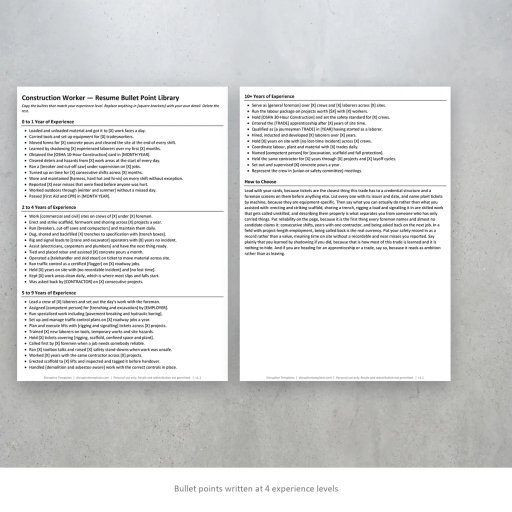 Construction Worker resume bullet points written at four experience levels