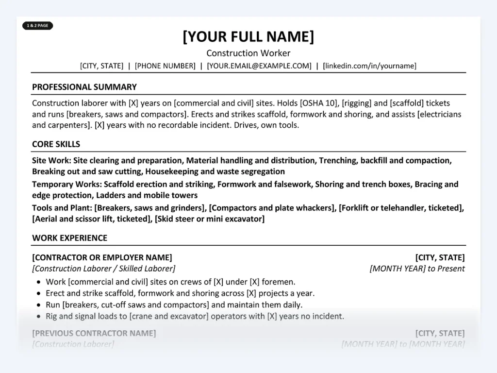 Construction Worker resume template, one page, ATS-friendly layout