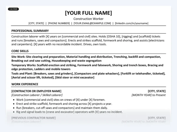 Construction Worker resume template, one page, ATS-friendly layout