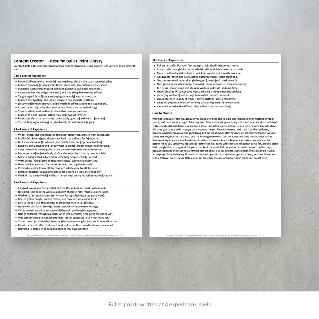 Content Creator resume bullet points written at four experience levels