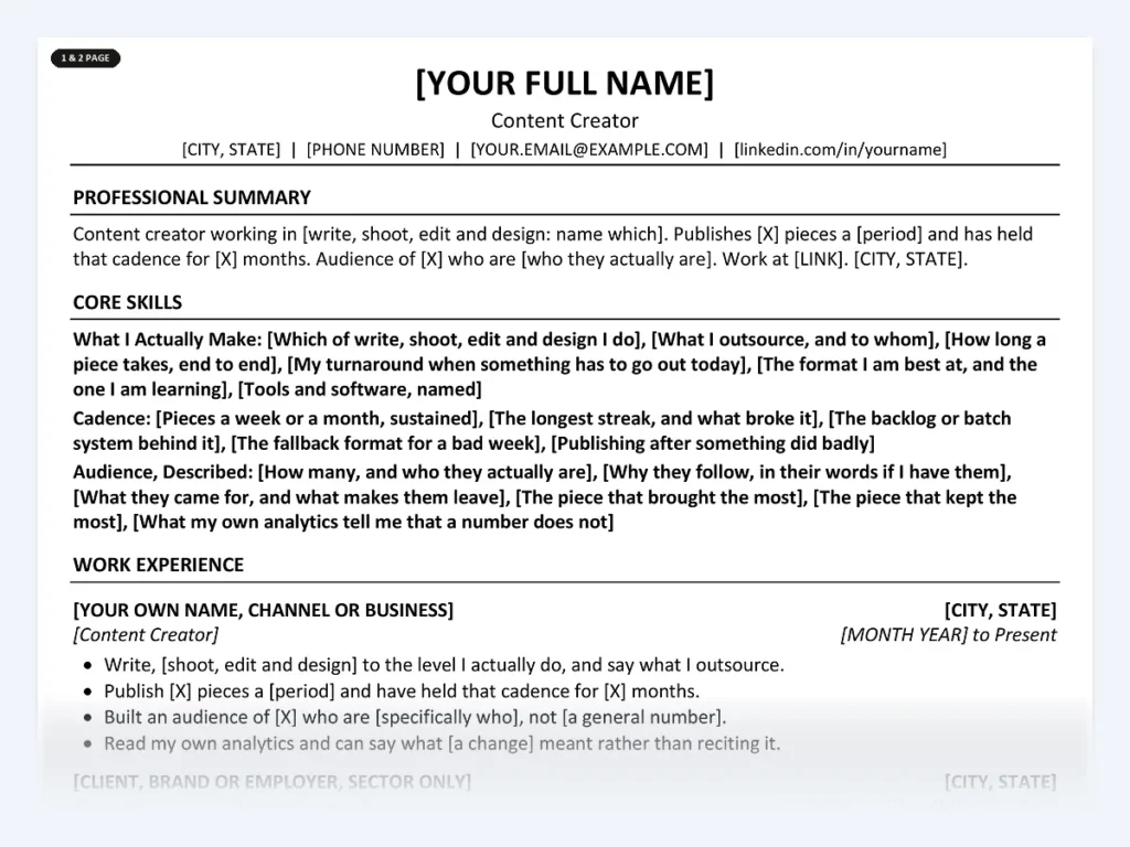 Content Creator resume template, one page, ATS-friendly layout