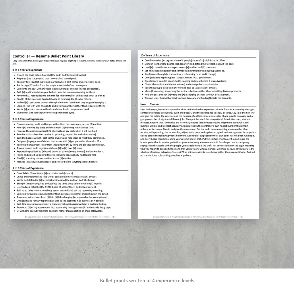 Controller resume bullet points written at four experience levels