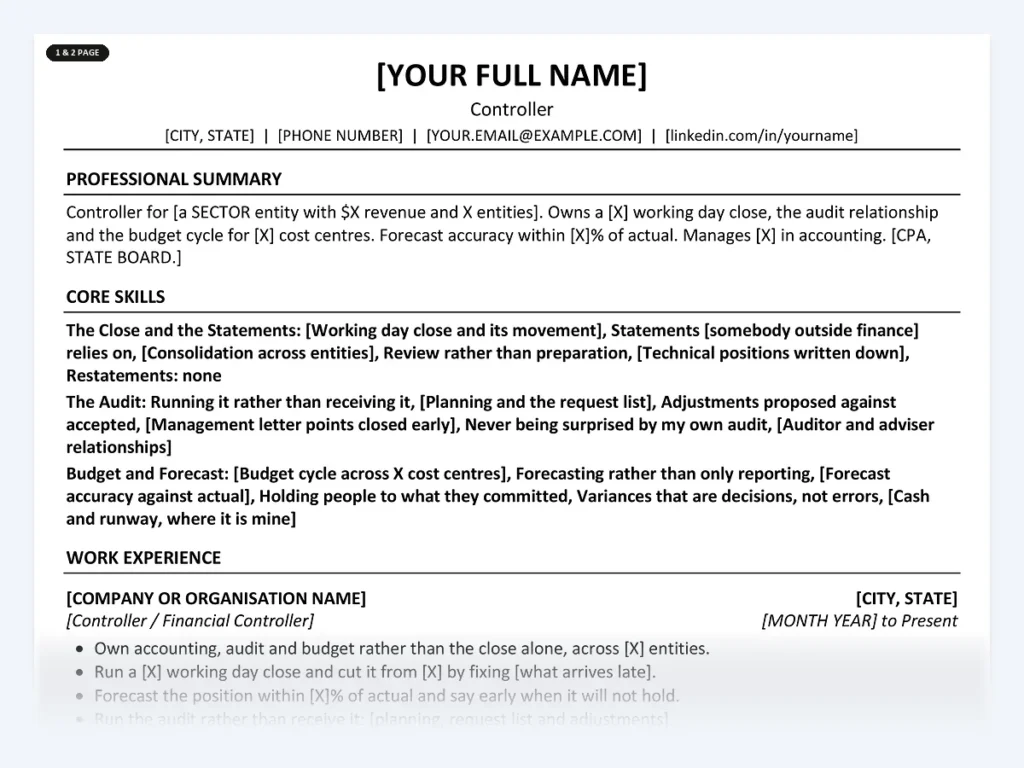 Controller resume template, one page, ATS-friendly layout