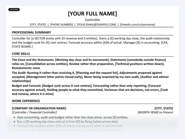 Controller resume template, one page, ATS-friendly layout