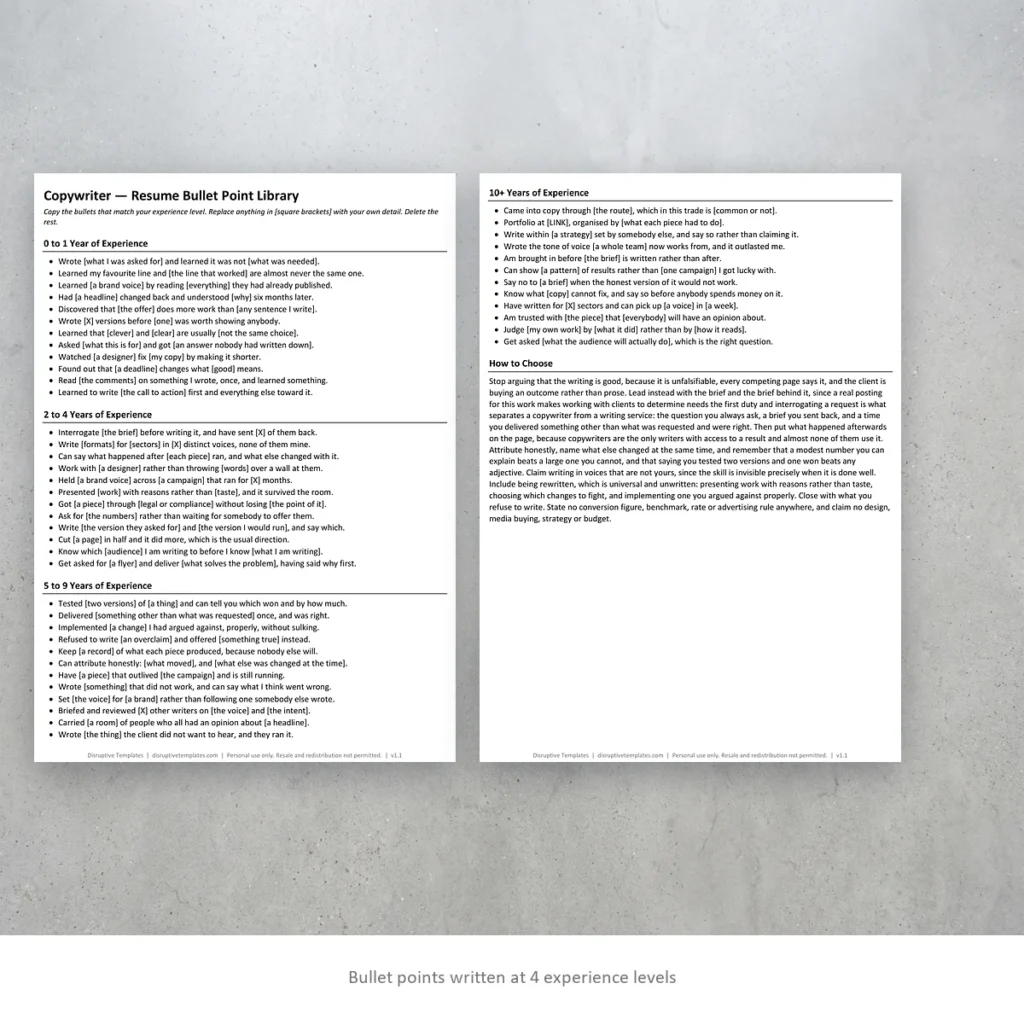 Copywriter resume bullet points written at four experience levels