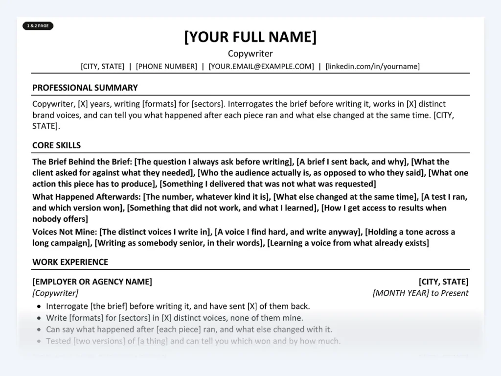 Copywriter resume template, one page, ATS-friendly layout