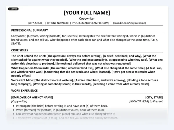 Copywriter resume template, one page, ATS-friendly layout
