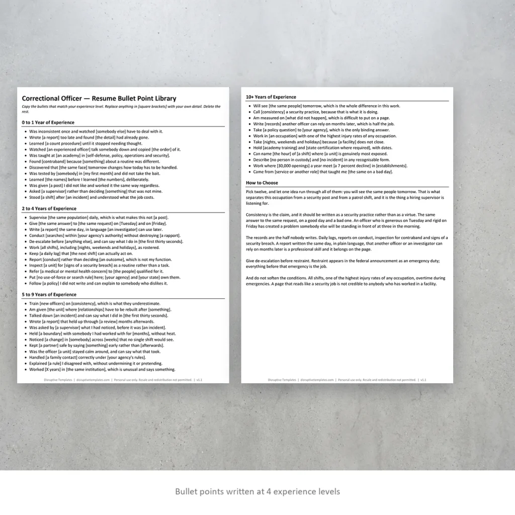 Correctional Officer resume bullet points written at four experience levels