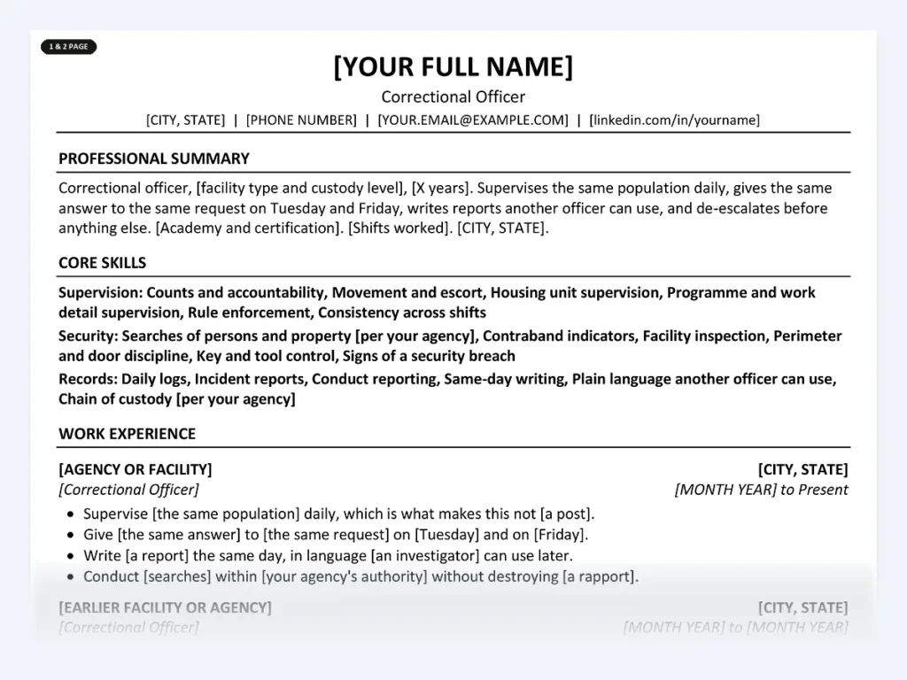 Correctional Officer resume template, one page, ATS-friendly layout