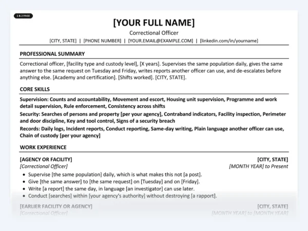 Correctional Officer resume template, one page, ATS-friendly layout
