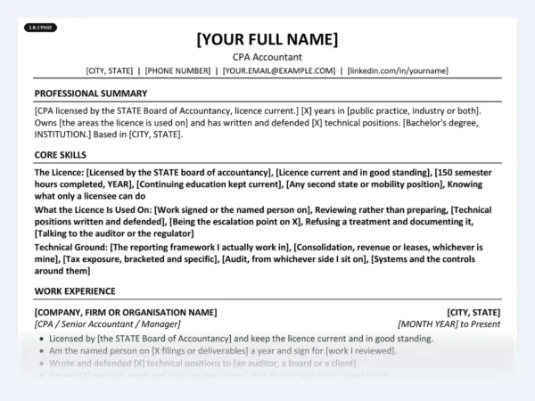 CPA Accountant resume template, one page, ATS-friendly layout