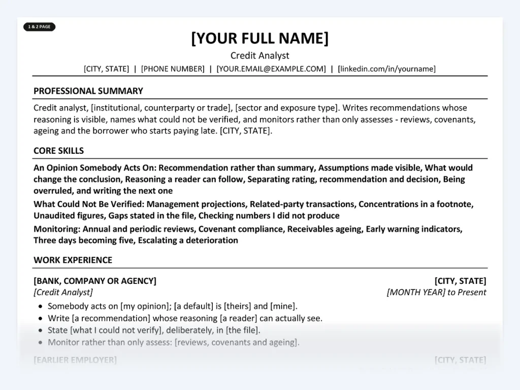 Credit Analyst resume template, one page, ATS-friendly layout