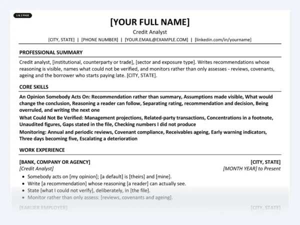 Credit Analyst resume template, one page, ATS-friendly layout