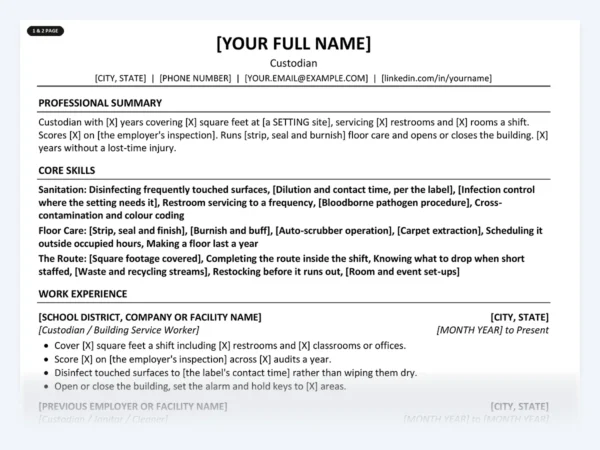 Custodian resume template, one page, ATS-friendly layout