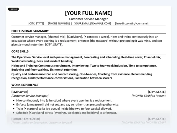 Customer Service Manager resume template, one page, ATS-friendly layout