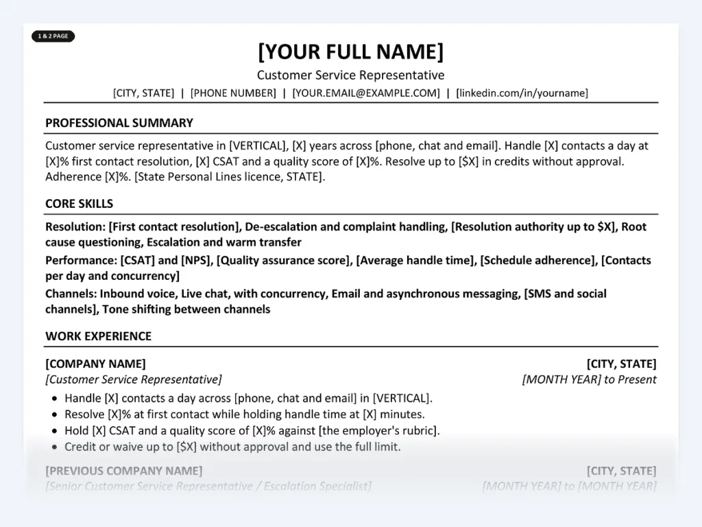Customer Service Representative resume template, one page, ATS-friendly layout
