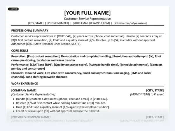 Customer Service Representative resume template, one page, ATS-friendly layout