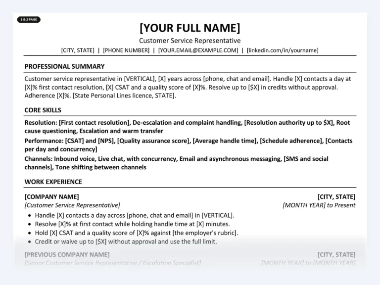 One-page customer service representative resume template from the Disruptive Templates customer service kit