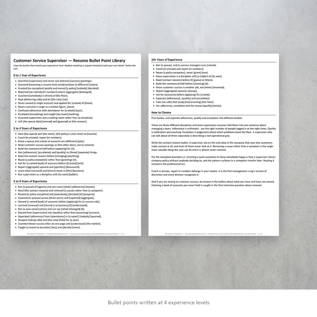 Customer Service Supervisor resume bullet points written at four experience levels