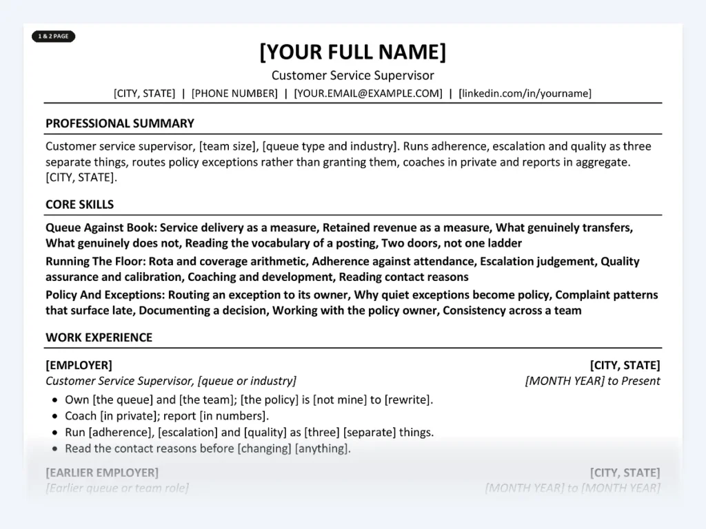 Customer Service Supervisor resume template, one page, ATS-friendly layout
