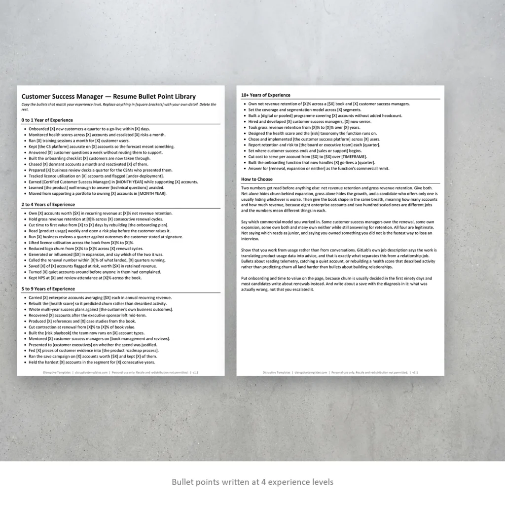 Customer Success Manager resume bullet points written at four experience levels