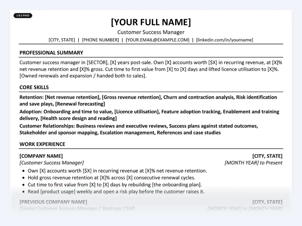 Customer Success Manager resume template, one page, ATS-friendly layout