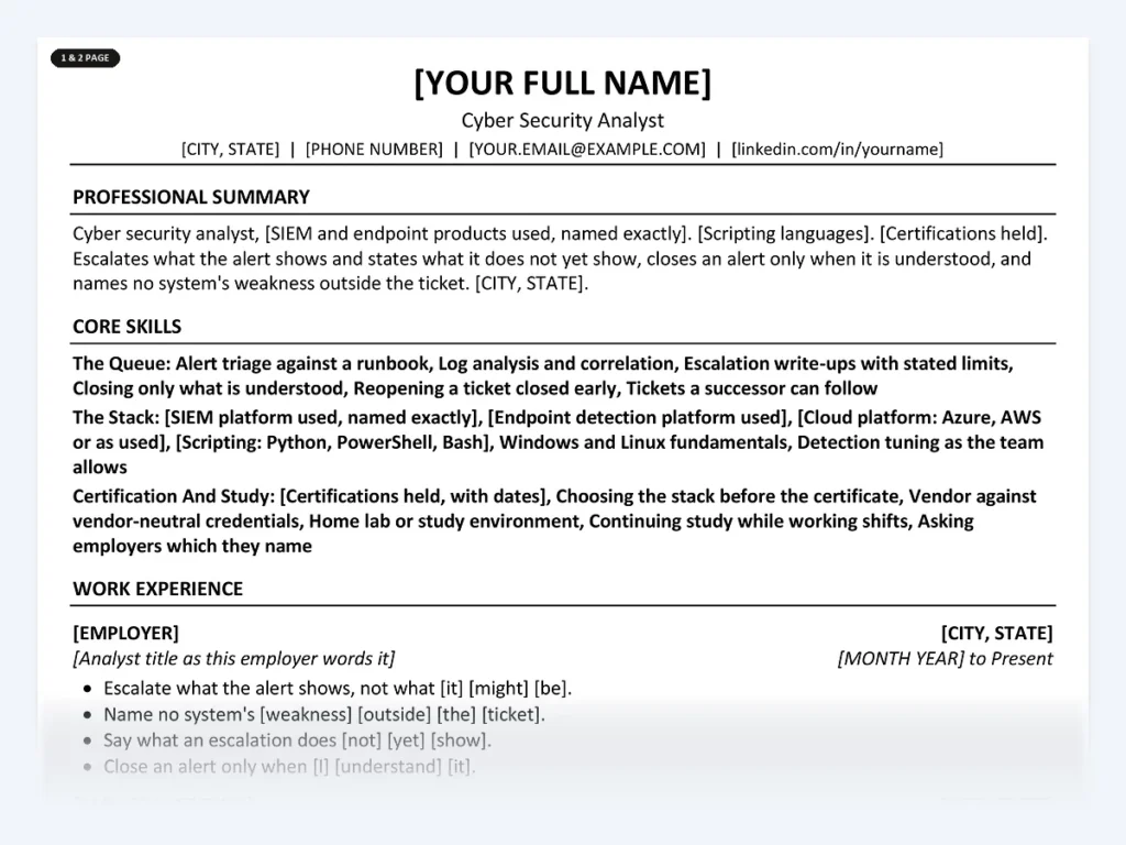 Cyber Security Analyst resume template, one page, ATS-friendly layout