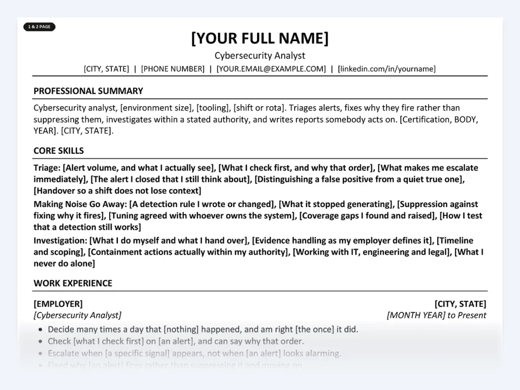 Cybersecurity Analyst resume template, one page, ATS-friendly layout