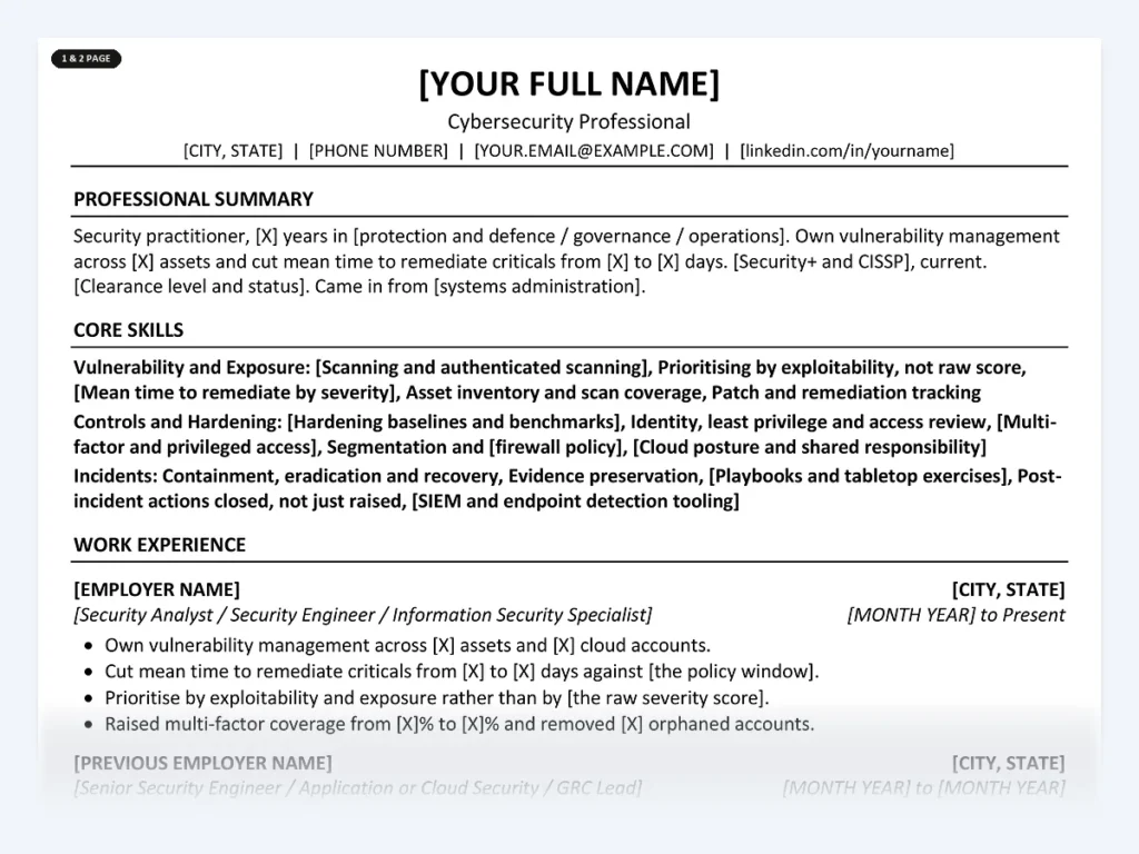 Cybersecurity Professional resume template, one page, ATS-friendly layout