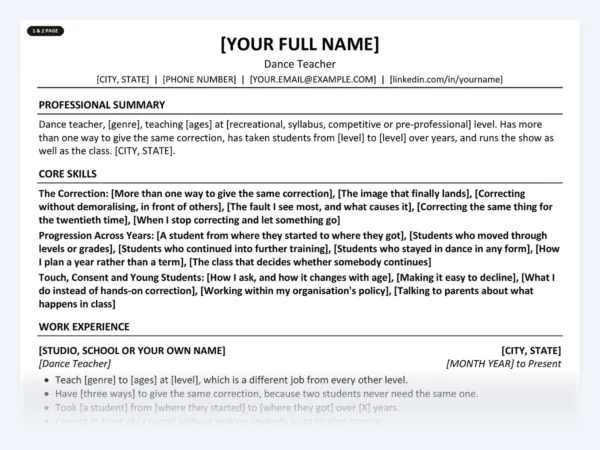 Dance Teacher resume template, one page, ATS-friendly layout