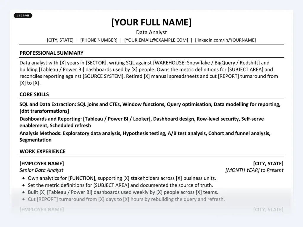 Data Analyst resume template, one page, ATS-friendly layout