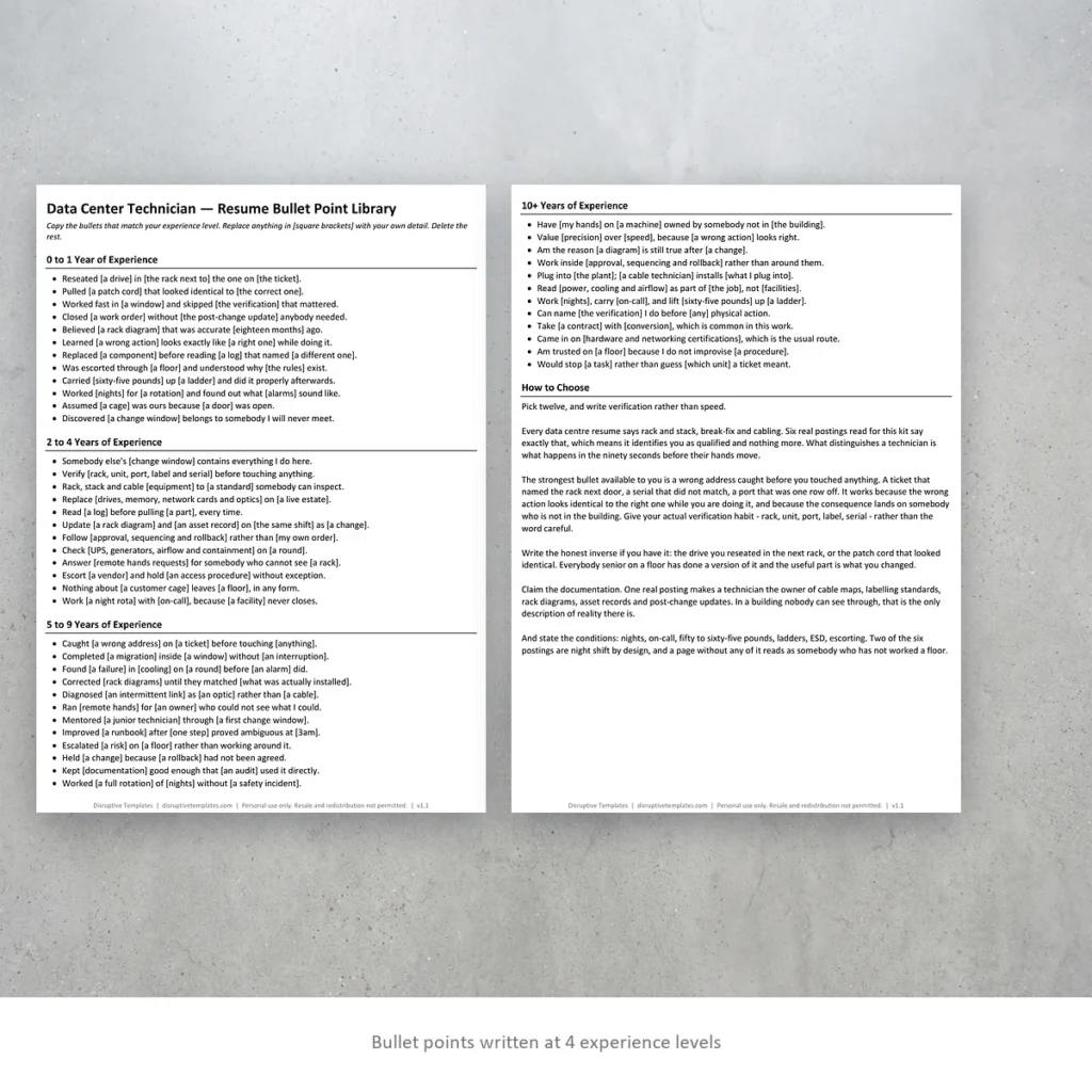 Data Center Technician resume bullet points written at four experience levels