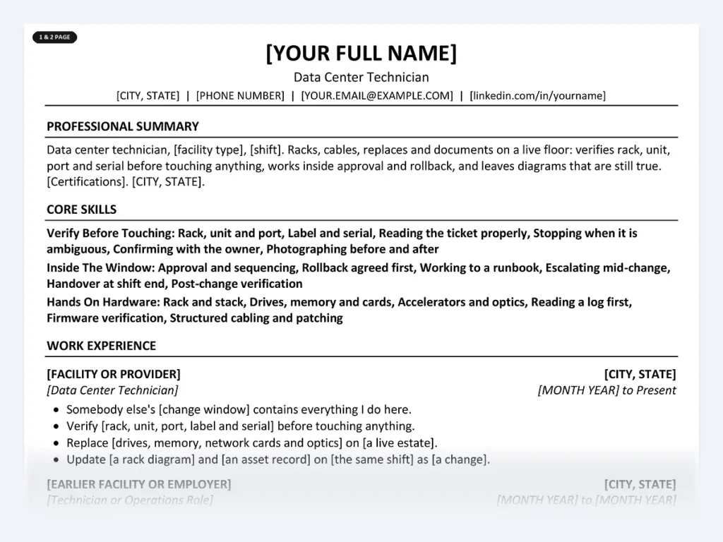 Data Center Technician resume template, one page, ATS-friendly layout