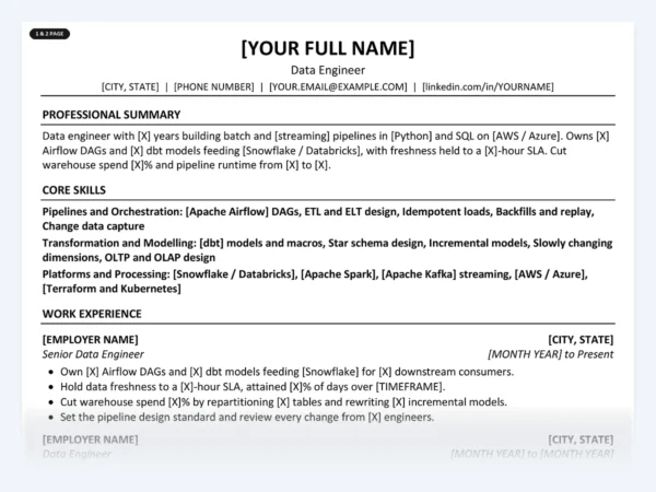 Data Engineer resume template, one page, ATS-friendly layout