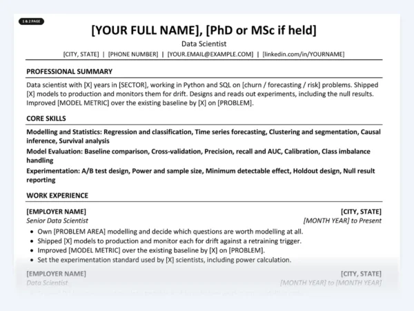 Data Scientist resume template, one page, ATS-friendly layout