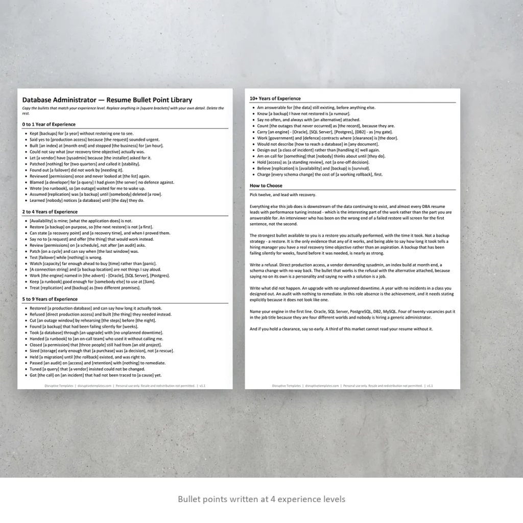 Database Administrator resume bullet points written at four experience levels