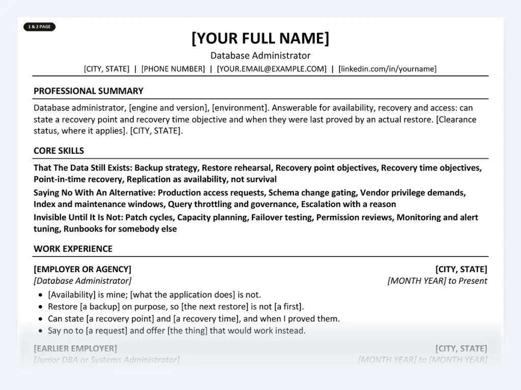 Database Administrator resume template, one page, ATS-friendly layout
