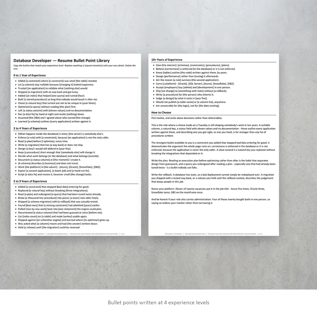 Database Developer resume bullet points written at four experience levels