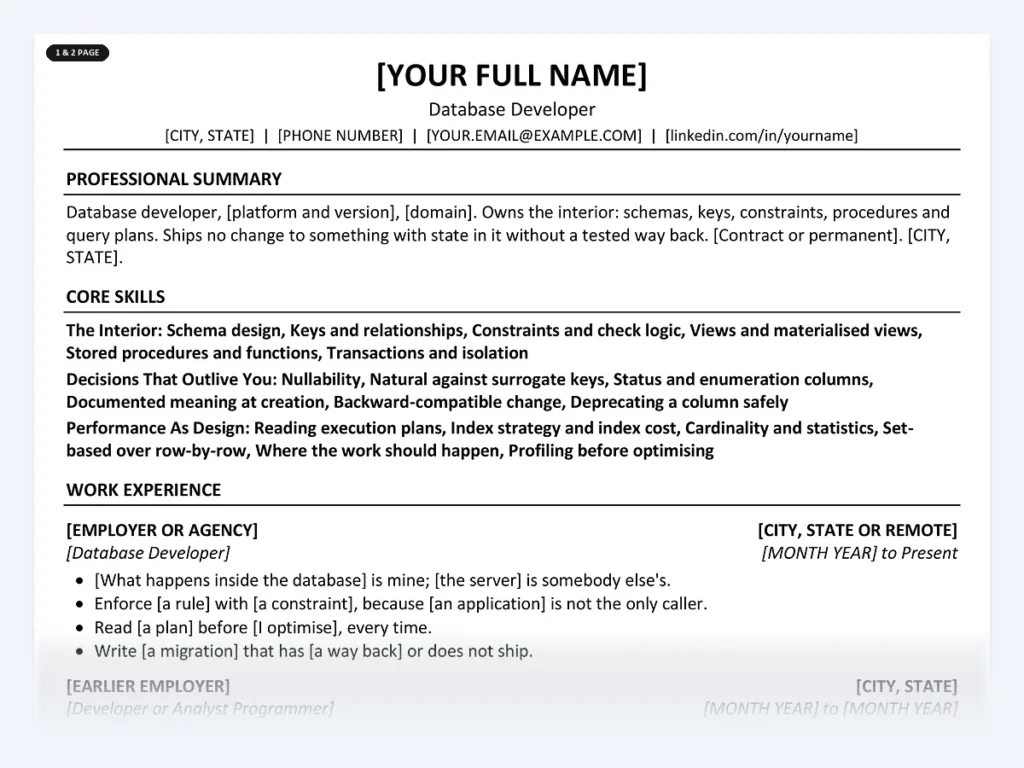 Database Developer resume template, one page, ATS-friendly layout